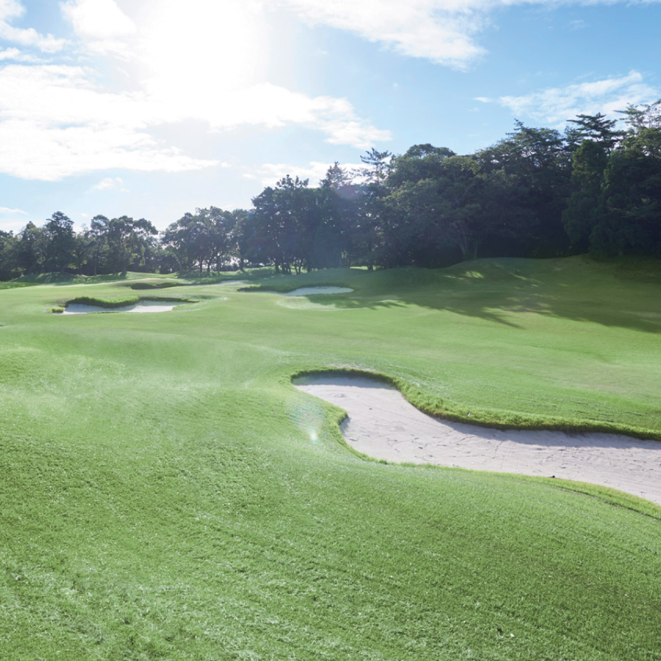 Golf course with green grass, sand bunkers, and trees under a blue sky.